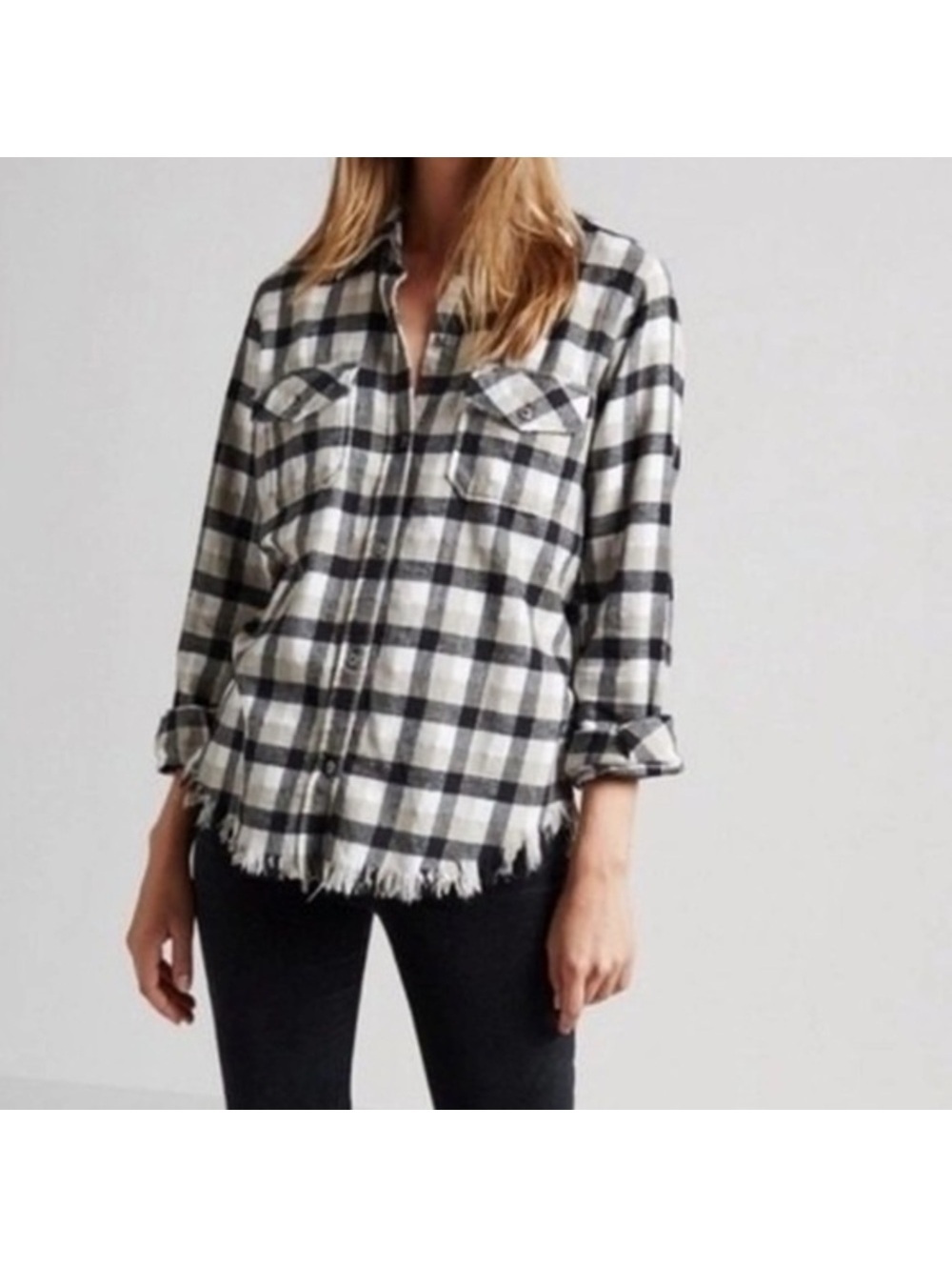 Current/Elliot Black and White Plaid Button-Up Shirt with Frayed Hem Size S